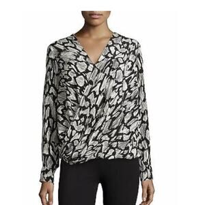 Derek Lam 10 Crosby 8 Wrap Blouse Black V Neck Abstract Print Long Sleeves